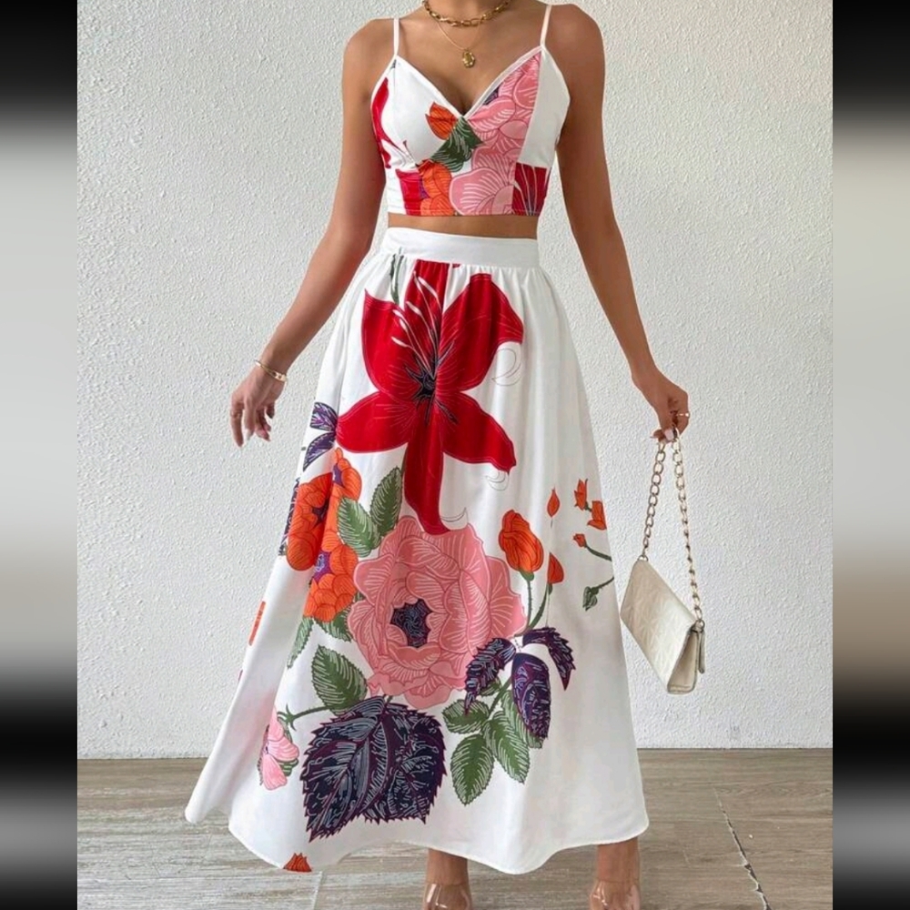 SHEIN White Floral Maxi Skirt with Red & Pink Blooms